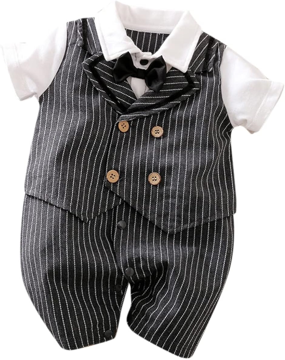 夏のベビーフォーマルに最適！男の子用ダークグレーストライプロンパース